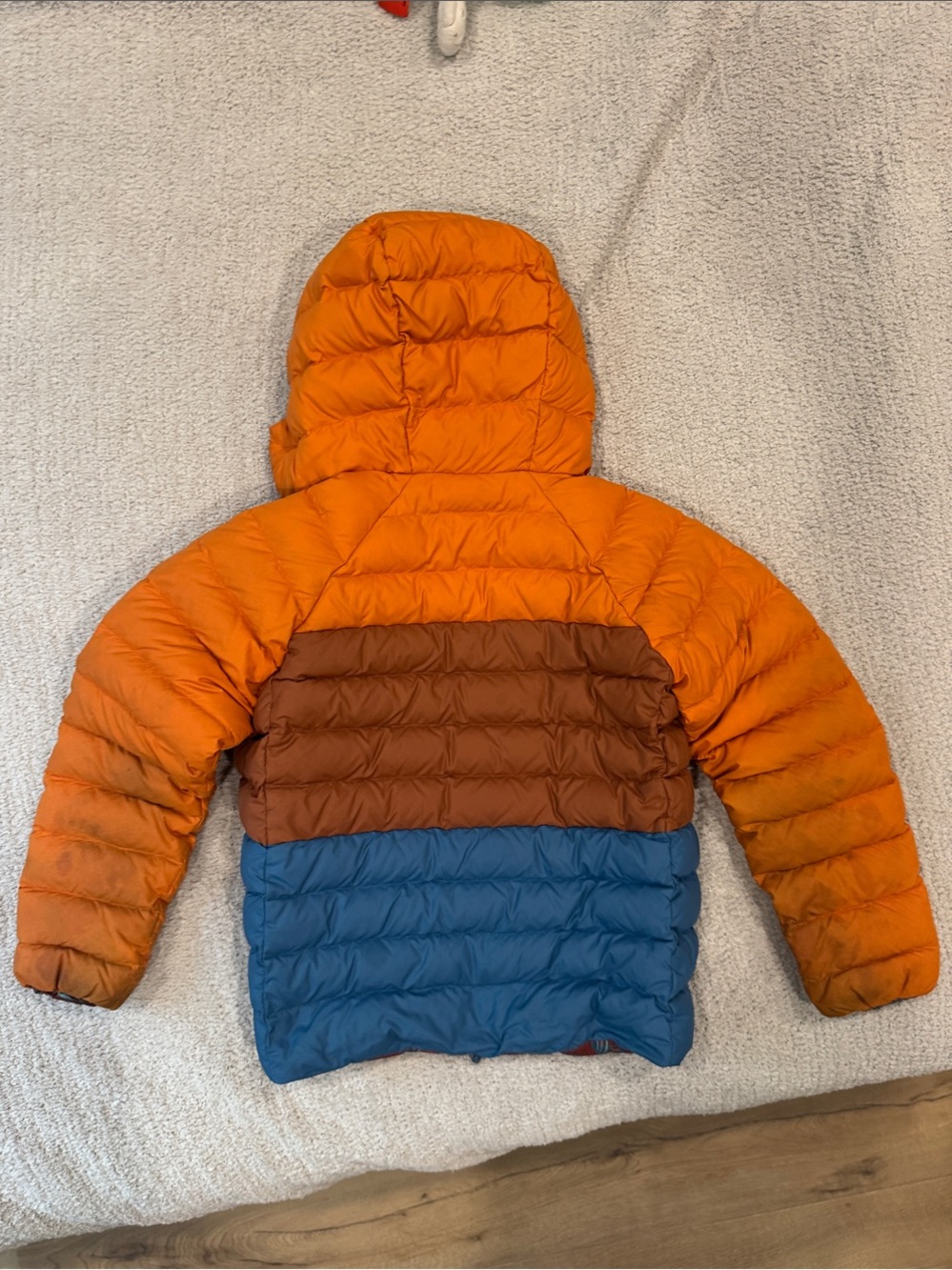 Patagonia Orange, Brown & Blue Hooded Puffer Jacket - Picture 8 of 10